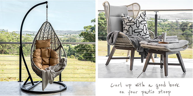 hanging chair and patio chair with footstool